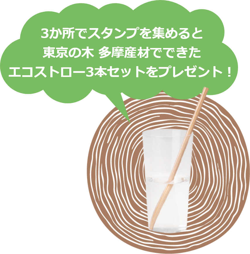 3か所でスタンプを集めると 東京の木 多摩産材 でできたエコストロー3本セットをプレゼント